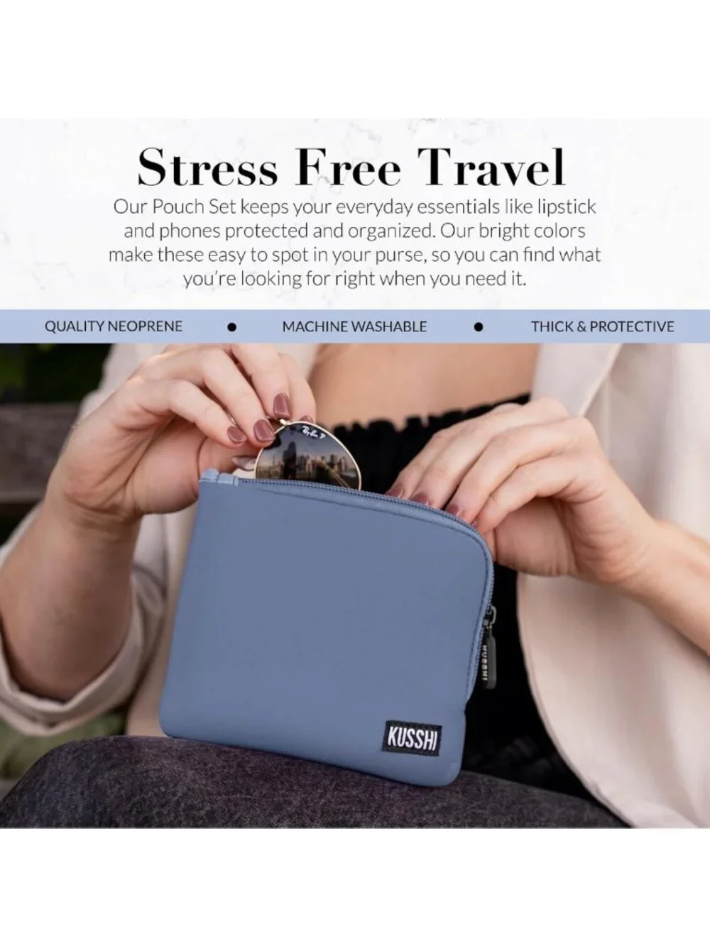 Travel Pouch Set - Neoprene Passport Holder & Zipper Makeup Bag for Purse